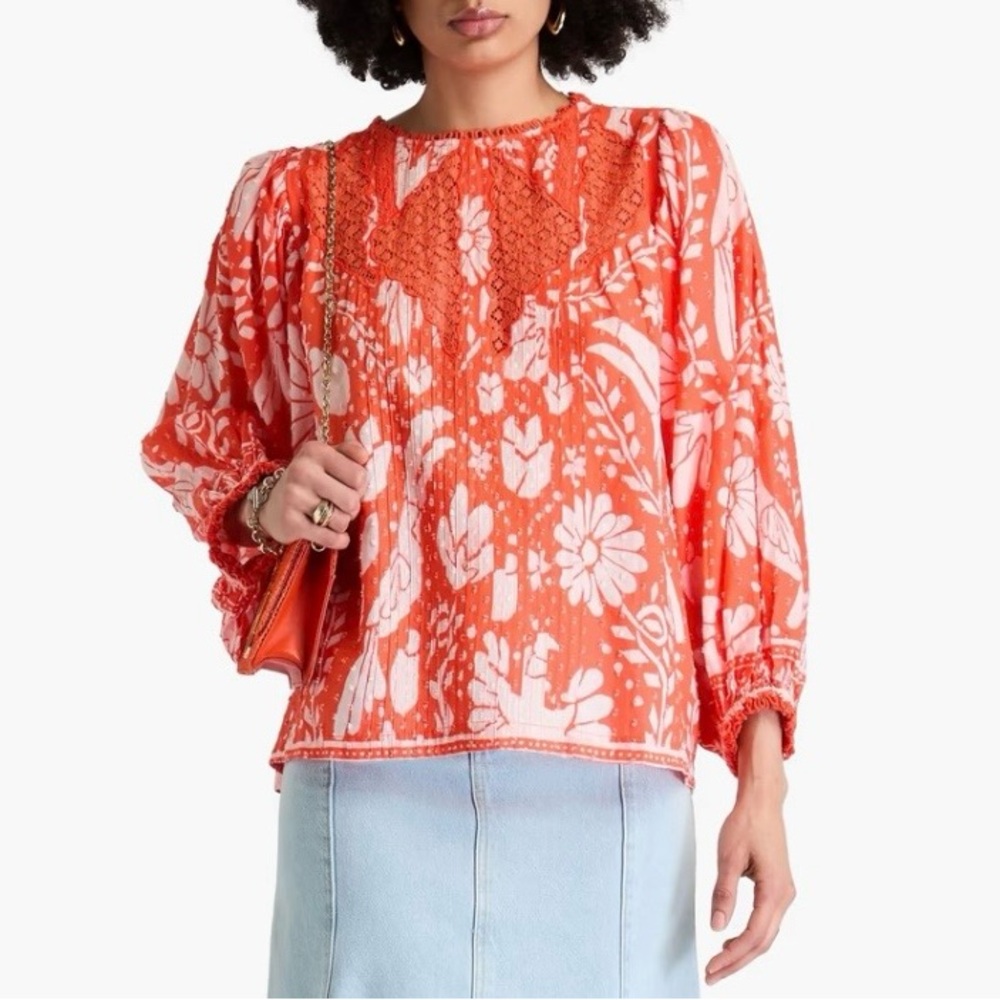 Farm Rio orange neon jungle lace trimmed boho cottagecore top ASO Katie Lee